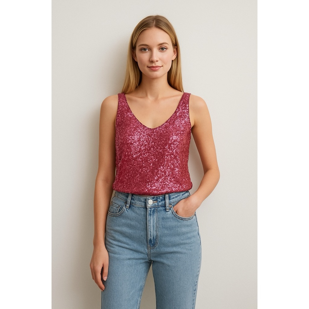 VTG Barbie Pink Sequin Retro Glam Crop V-Neck Tank Top